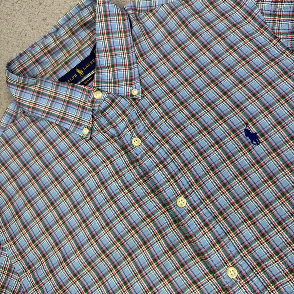 Ralph Lauren Shirt Mens Large Blue Plaid Button Down Slim Fit Pony Logo